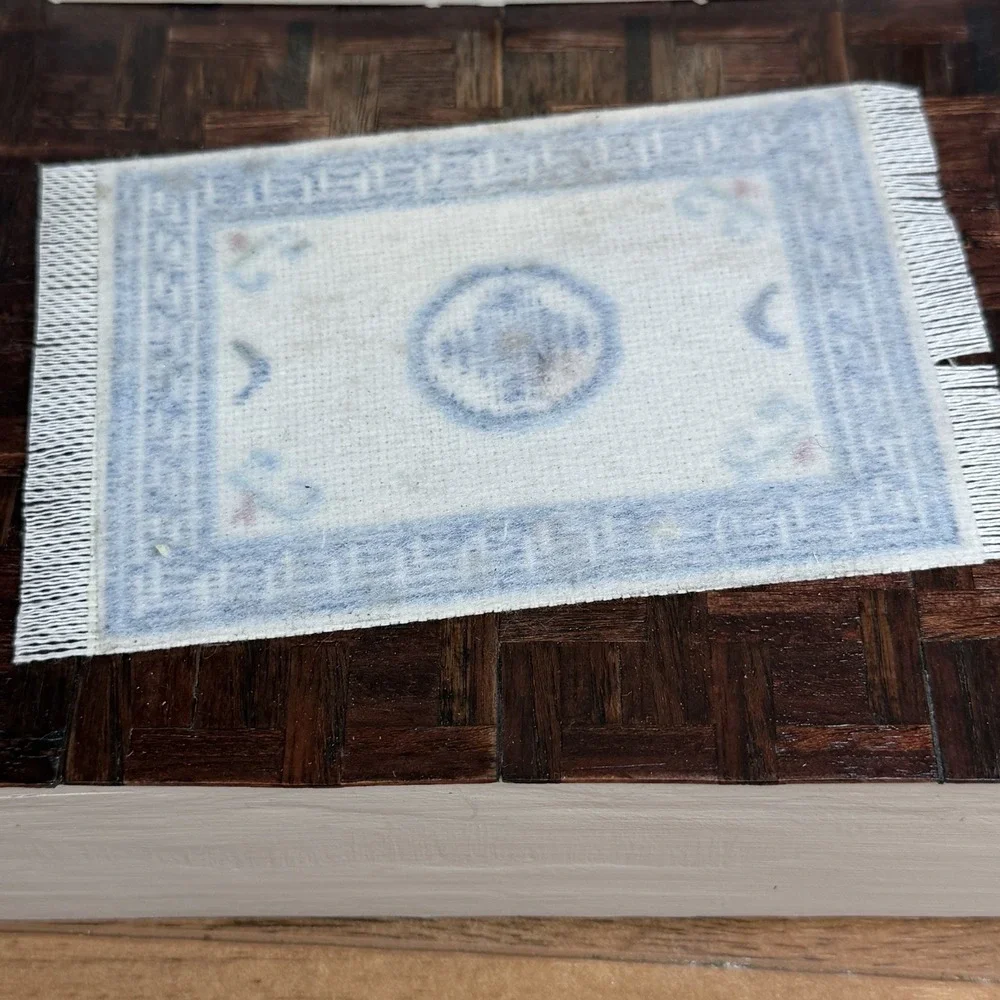 Vtg Dollhouse ARTISAN MICRO CROSS STITCH RUG Handmade Miniature Oriental Blue